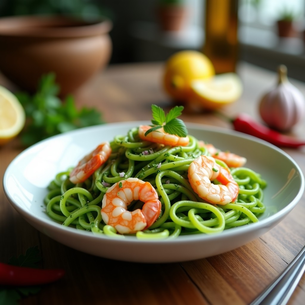 Pasta de Espirulina con Gambas y Ajo: Receta Innovadora Alta en Proteína y Omega-3