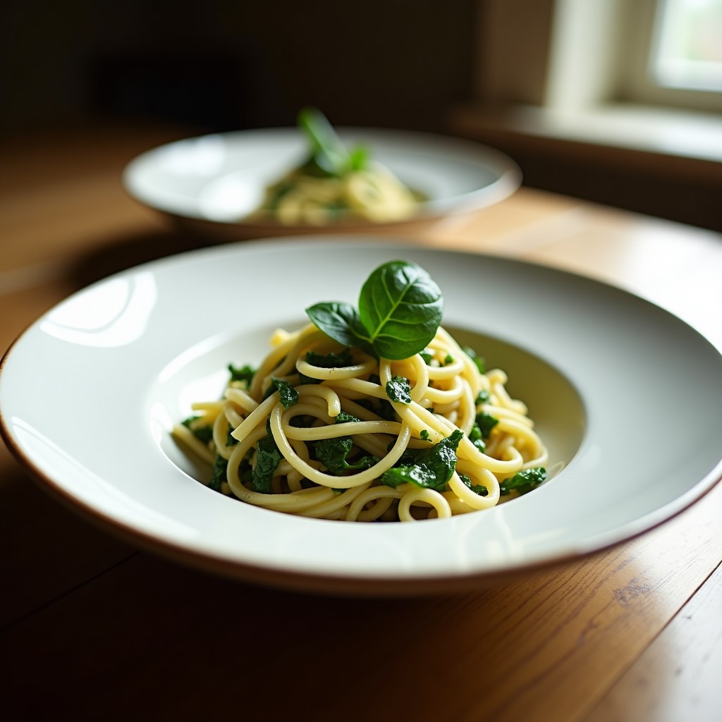 Plato blanco con pasta fresca de espinacas y ricotta sin gluten, de color verde suave, servida con semillas de sésamo tostadas y un hilo de aceite de oliva.