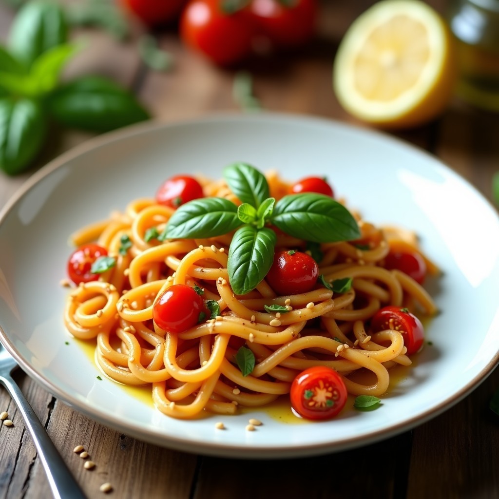 Plato blanco con pasta de garbanzo dorada, bañada en salsa de tomate seco y aceitunas verdes, decorada con albahaca fresca y semillas de sésamo. Receta keto italiana en 20 minutos.