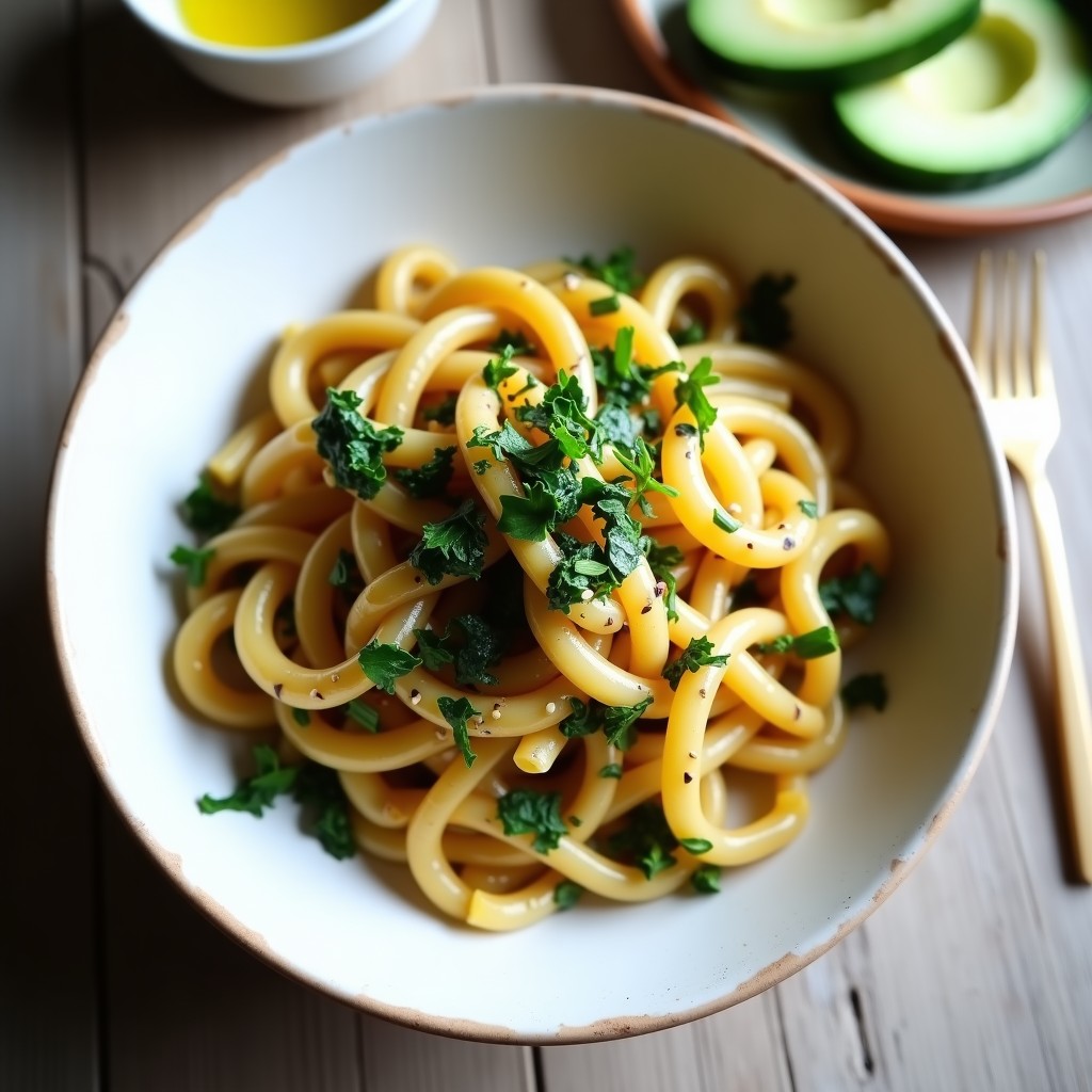 Plato hondo de cerámica blanca con pasta de garbanzos de textura gruesa, copos de algas nori, trocitos de limón confitado y semillas de sésamo tostadas. Decorado con cebollino fresco y un hilo de aceite de oliva virgen extra.