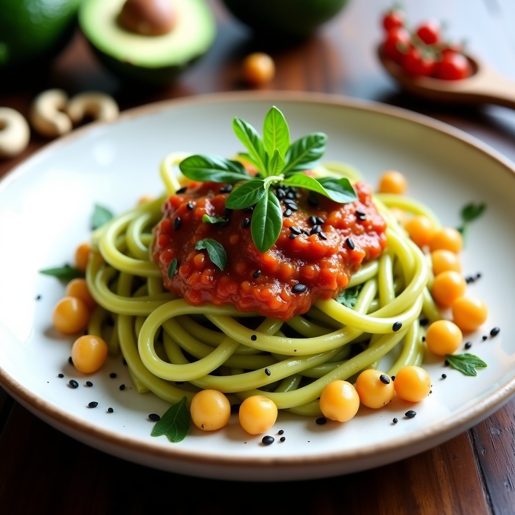 Plato hondo de cerámica blanca con pasta de garbanzos amarilla mezclada con pesto cremoso de aguacate verde y rayas de pesto rojo de tomates secos. Decorado con semillas de sésamo y un hilo de aceite de oliva, sobre fondo de madera rústica. Receta vegana keto de pasta de garbanzos con pestos de aguacate y tomates secos.