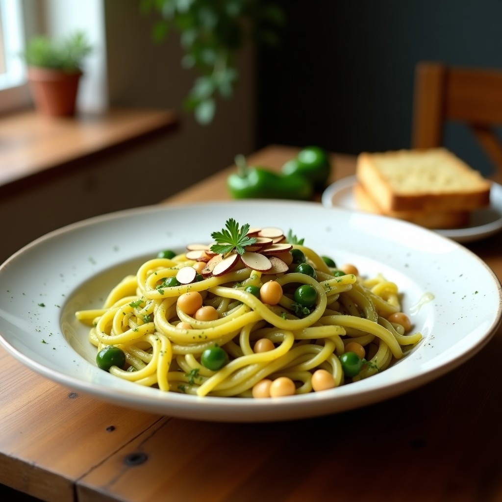 Plato hondo de cerámica blanca con pasta de garbanzos amarilla en forma de tagliatelle, bañada en salsa verde de pimientos de Padrón, almendras fileteadas y perejil fresco. Fondo rústico con aceite de oliva y pan de maíz tostado.
