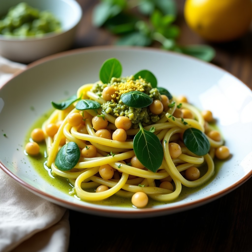 Plato hondo blanco con pasta de garbanzos dorada, cubierta de salsa cremosa de pistacho verde y limón, decorada con espinacas frescas, pistachos picados y ralladura de limón. Receta sin gluten alta en hierro.