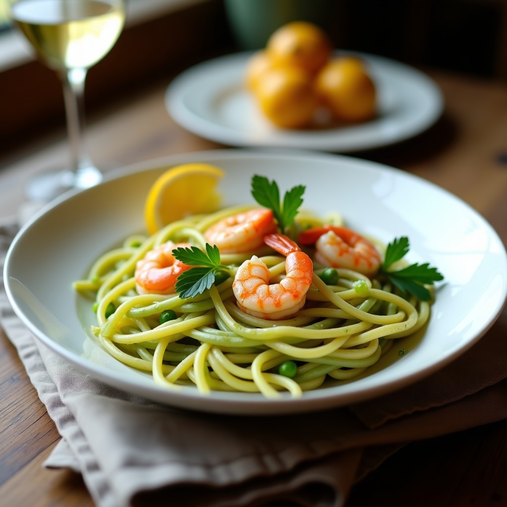 Plato hondo blanco con pasta de guisante de color verde claro en forma de fettuccine, bañada en una salsa dorada de azafrán con gambas rosadas. Decorado con perejil fresco y una rodaja de limón.
