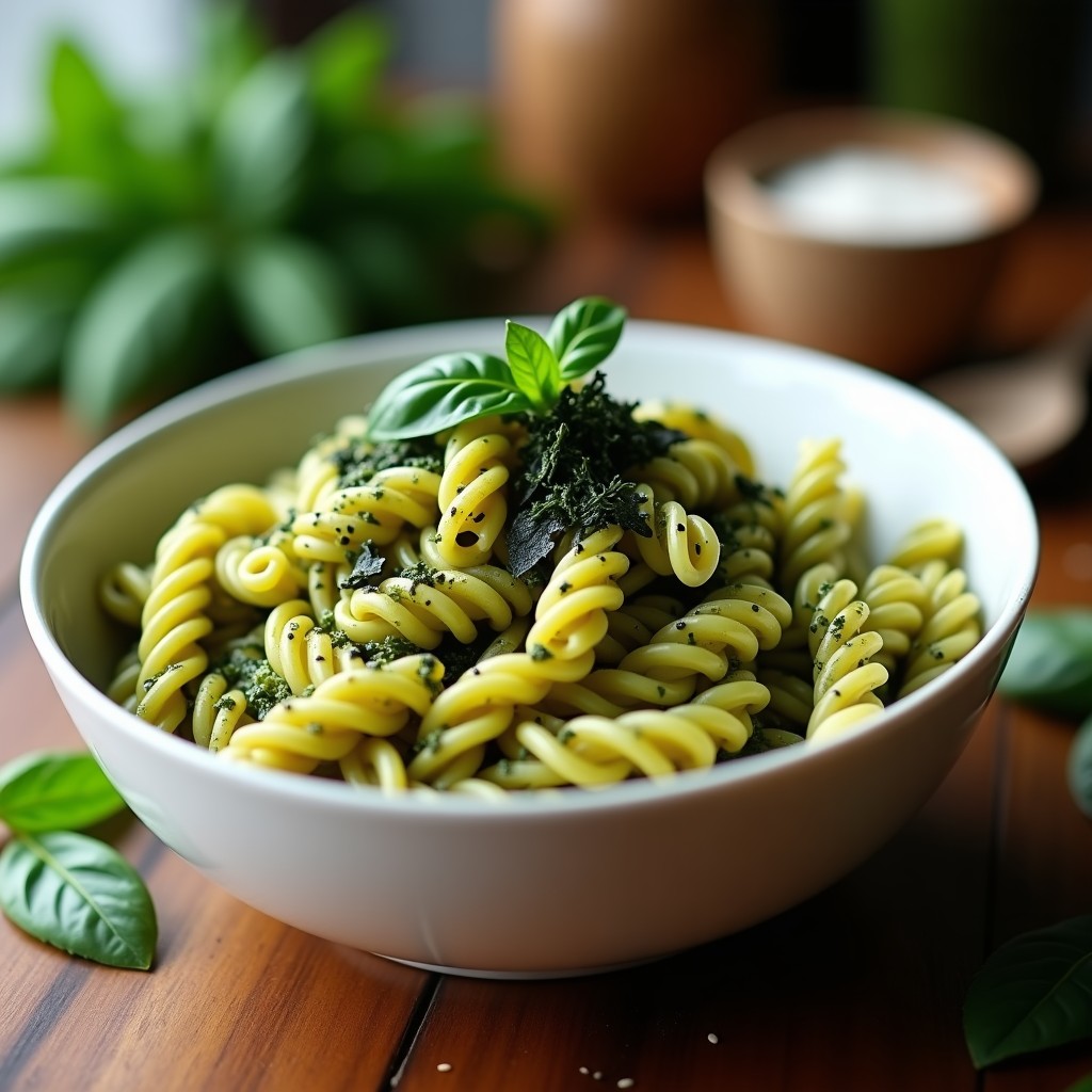 Plato de pasta integral espiralada con salsa pesto verde oscura, decorada con tiras de algas nori tostadas y semillas de sésamo, servida en un bol de cerámica blanca sobre fondo de madera rústica.