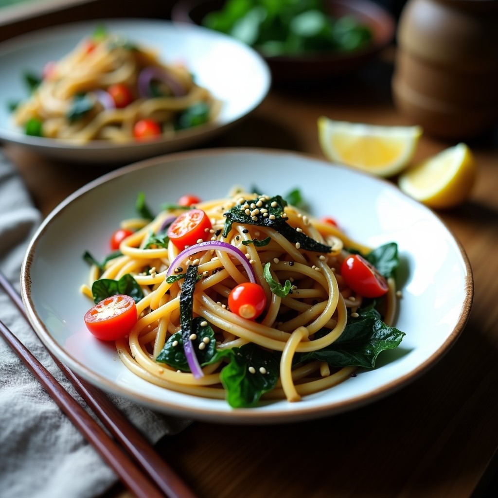 Plato hondo de cerámica blanca con pasta integral al dente mezclada con tiras de algas nori, pimiento rojo, cebolla morada y espinacas, espolvoreada con semillas de sésamo tostadas y negras, receta umami rápida.