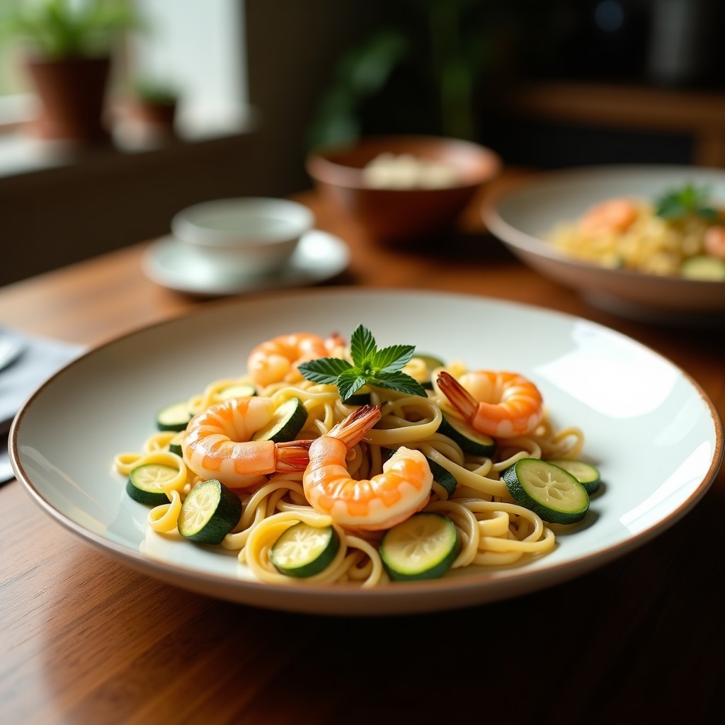 Plato blanco con pasta integral fusilli mezcla con calabacín dorado en medias lunas y gambas rosadas jugosas, espolvoreado con perejil fresco. Receta de pasta integral con calabacín y gambas en airfryer.