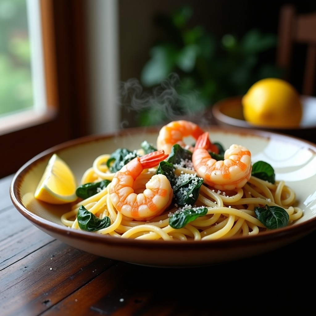 Plato hondo con pasta integral cremosa, gambas rosadas y espinacas verdes, espolvoreado con queso parmesano y decorado con una rodaja de limón, cocinado en airfryer.