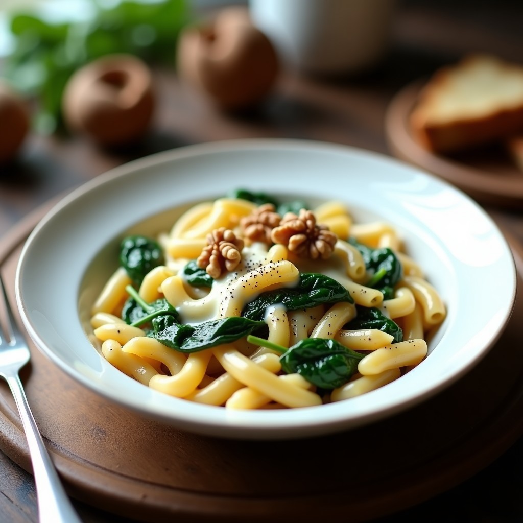 Plato de pasta integral fusilli con espinacas frescas salteadas y salsa cremosa de gorgonzola, decorada con nueces picadas y pimienta negra, servida en un bol de cerámica blanca.