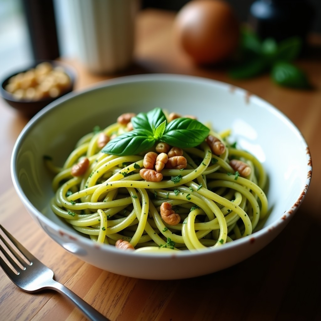 Plato hondo blanco con pasta integral al dente mezclada con pesto verde de espinacas, decorada con piñones tostados y hojas de albahaca fresca, servida con tenedor de madera.