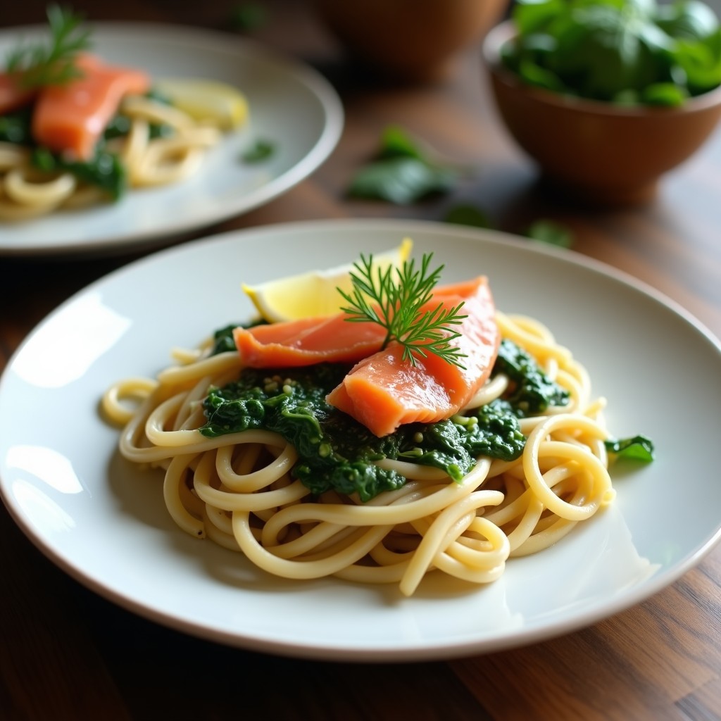 Plato blanco con pasta integral cremosa, tiras de salmón ahumado rosado y espinacas verdes, decorado con eneldo fresco y un toque de limón. Receta de pasta integral con salmón ahumado y crema de espinacas.