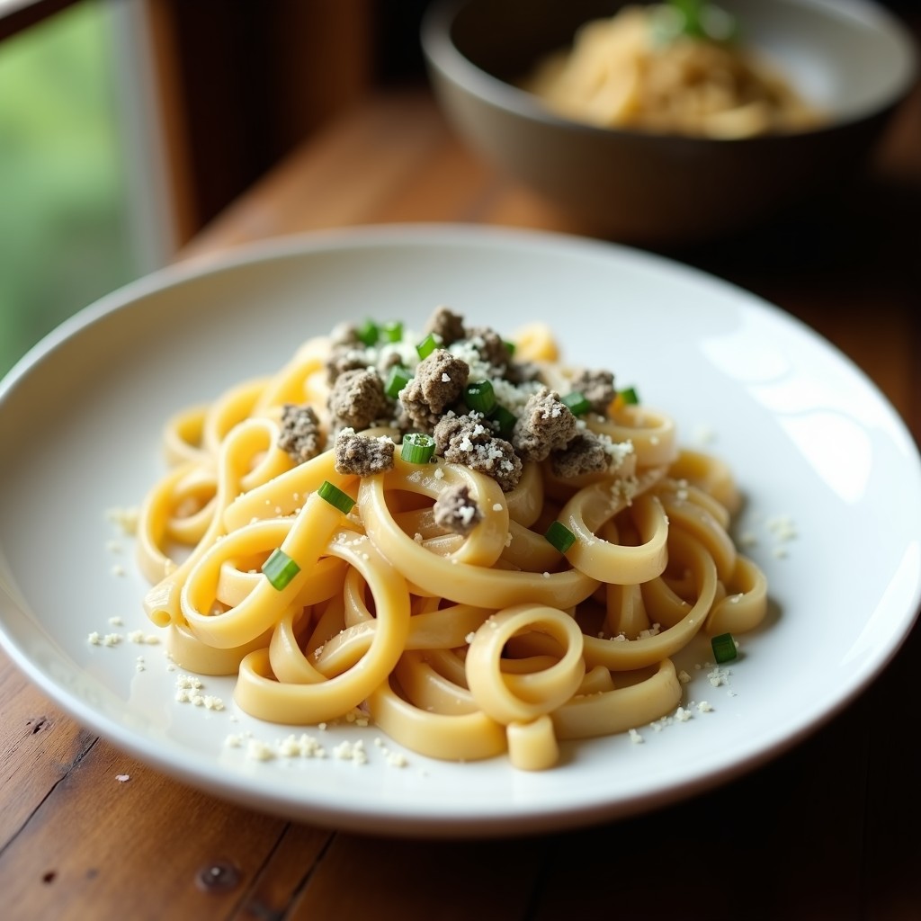 Plato blanco elegante con pasta integral bañada en salsa cremosa de parmesano, trozos de trufa negra y cebollino fresco picado, receta gourmet thermomix.