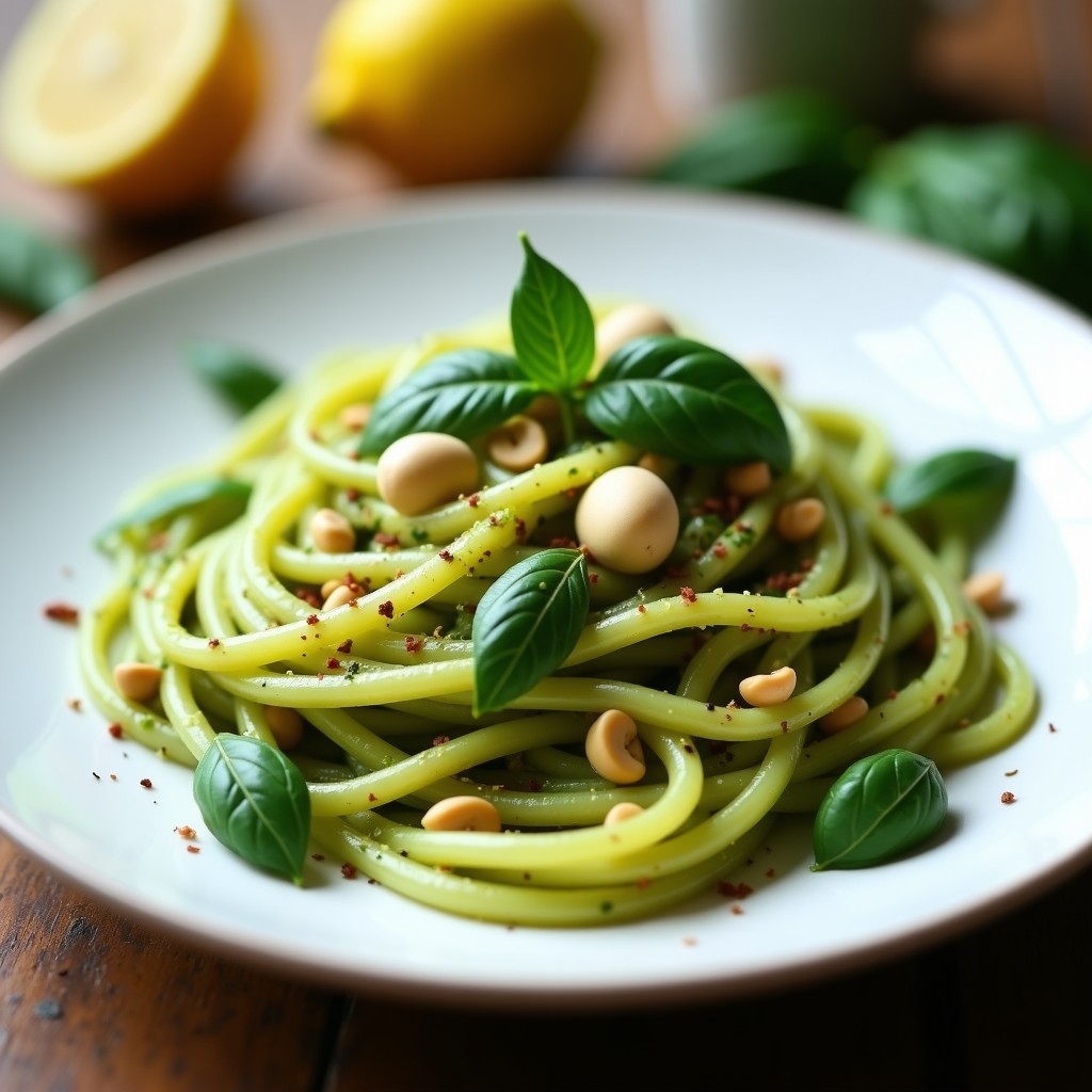 Plato blanco con pasta de konjac de color translúcido mezclada con un pesto verde vibrante de albahaca y trozos de nueces de macadamia doradas. Decorado con hojas de albahaca fresca y virutas de limón, servido en un ambiente rústico con luz natural.