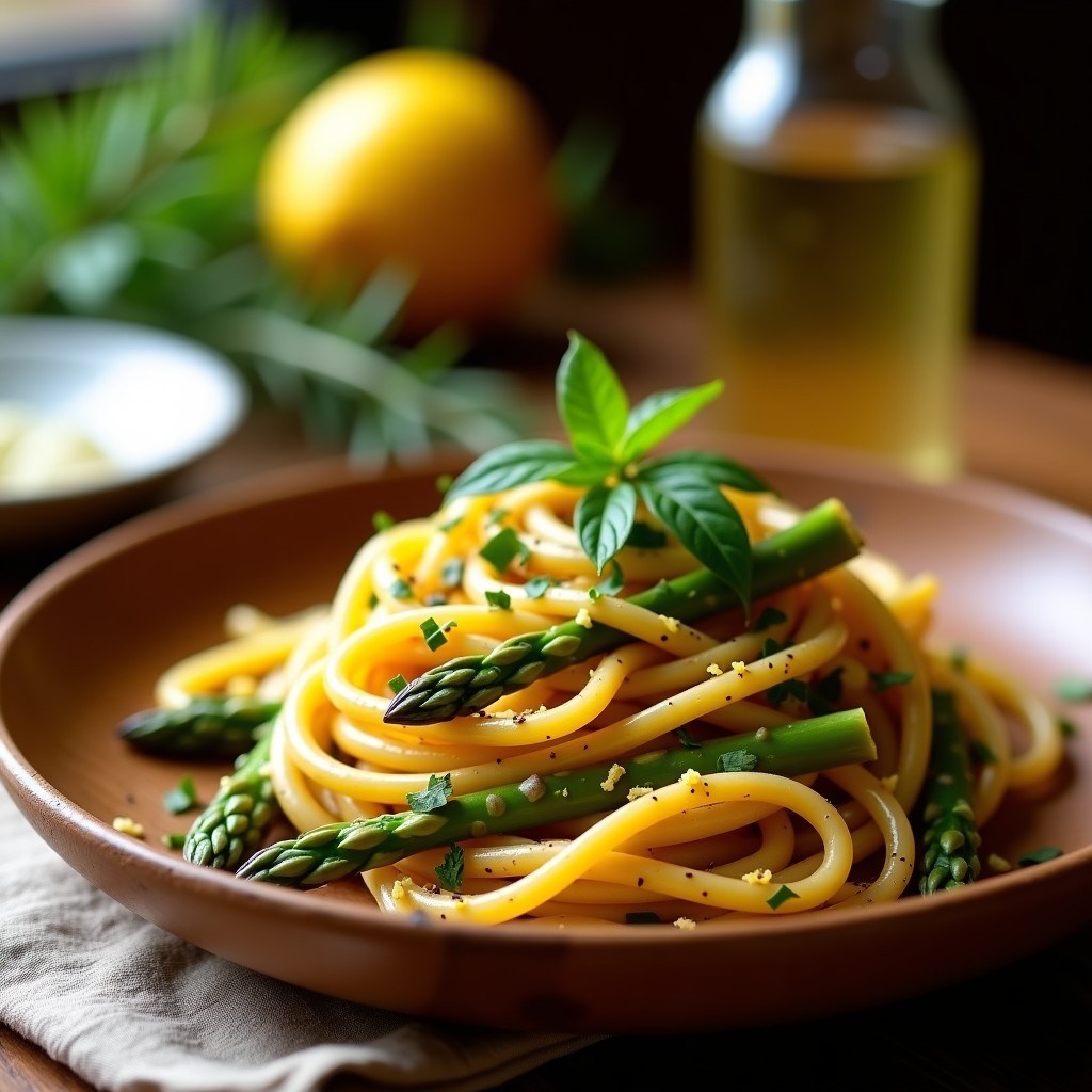 Plato hondo de cerámica blanca con pasta de lentejas al dente en forma de tagliatelle, espárragos trigueros salteados y vinagreta de limón brillante, decorado con almendras tostadas y ralladura de limón. Receta italiana vegana y sin gluten.