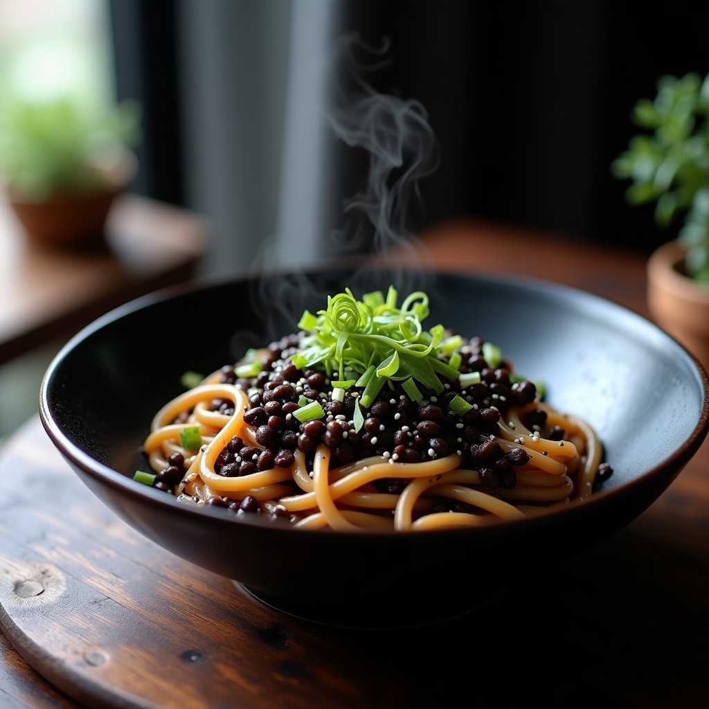 Plato hondo de cerámica negra con pasta de arroz negra mezclada con lentejas negras, anchoas veganas desmenuzadas, algas nori en tiras, semillas de sésamo negro y cebollino fresco. Fondos de salsa umami brillante y decoración con limón yuzu y chile rojo en copos. Receta japonesa vegana alta en proteína.