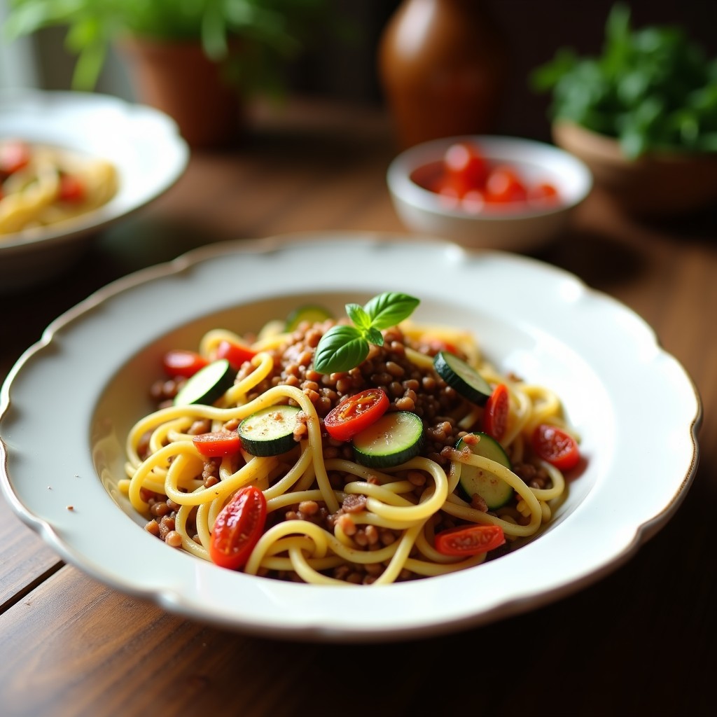 Plato hondo de cerámica blanca con pasta de lentejas negras, trozos dorados de calabacín, tomates secos en tiras y semillas de sésamo. Receta vegana alta en proteína con albahaca fresca espolvoreada.