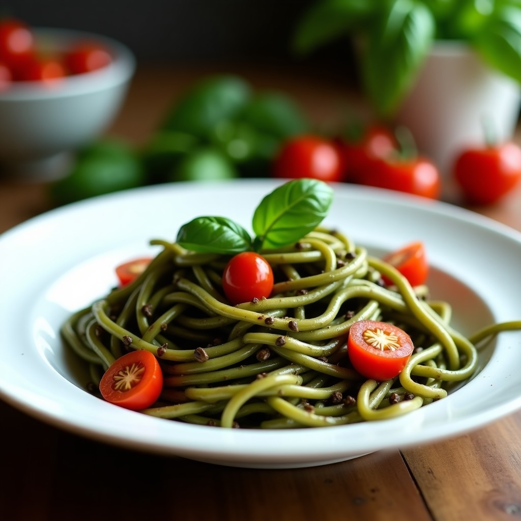 Plato hondo blanco con pasta de lentejas negras tostadas en airfryer, bañadas en pesto cremoso de albahaca y ajo negro, decoradas con tomates cherry secos, rúcula fresca y semillas de sésamo negro. Presentación gourmet con toque umami y textura al dente.