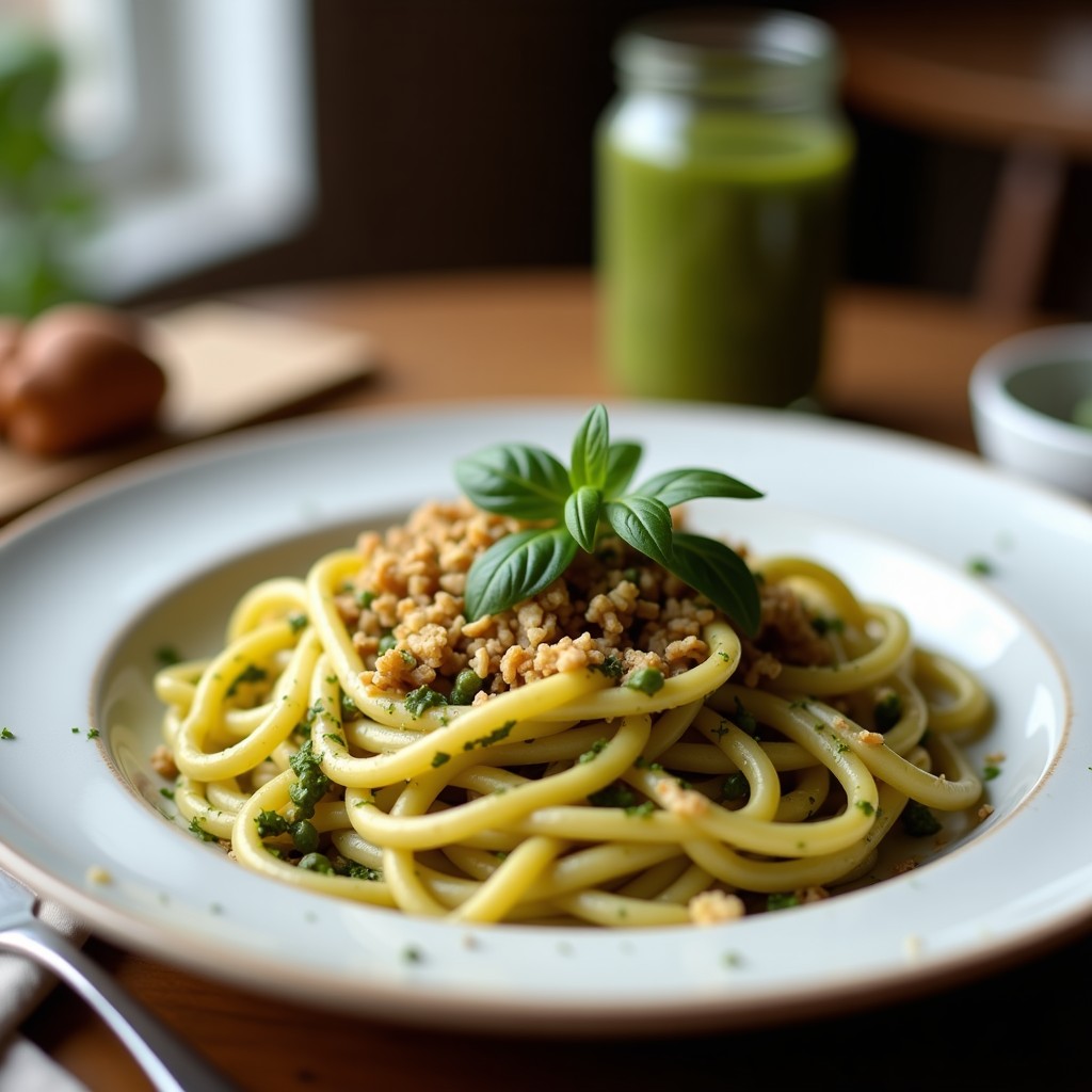 Plato hondo de cerámica blanca con pasta de lentejas negras al dente, bañada en un pesto cremoso de color verde pálido con trozos visibles de espárragos y nueces. Decorado con espárragos verdes al vapor, nueces picadas y hojas de albahaca fresca. Fondo rústico con mantel de lino beige.