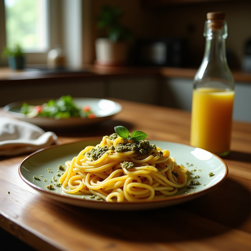 Plato hondo blanco con pasta de lentejas de color dorado claro, bañada en un pesto verde vibrante de rúcula y anacardos. Decorada con tomates cherry rojos partidos y hojas de albahaca fresca. Fondo rústico con servilleta de lino y cubiertos de madera.