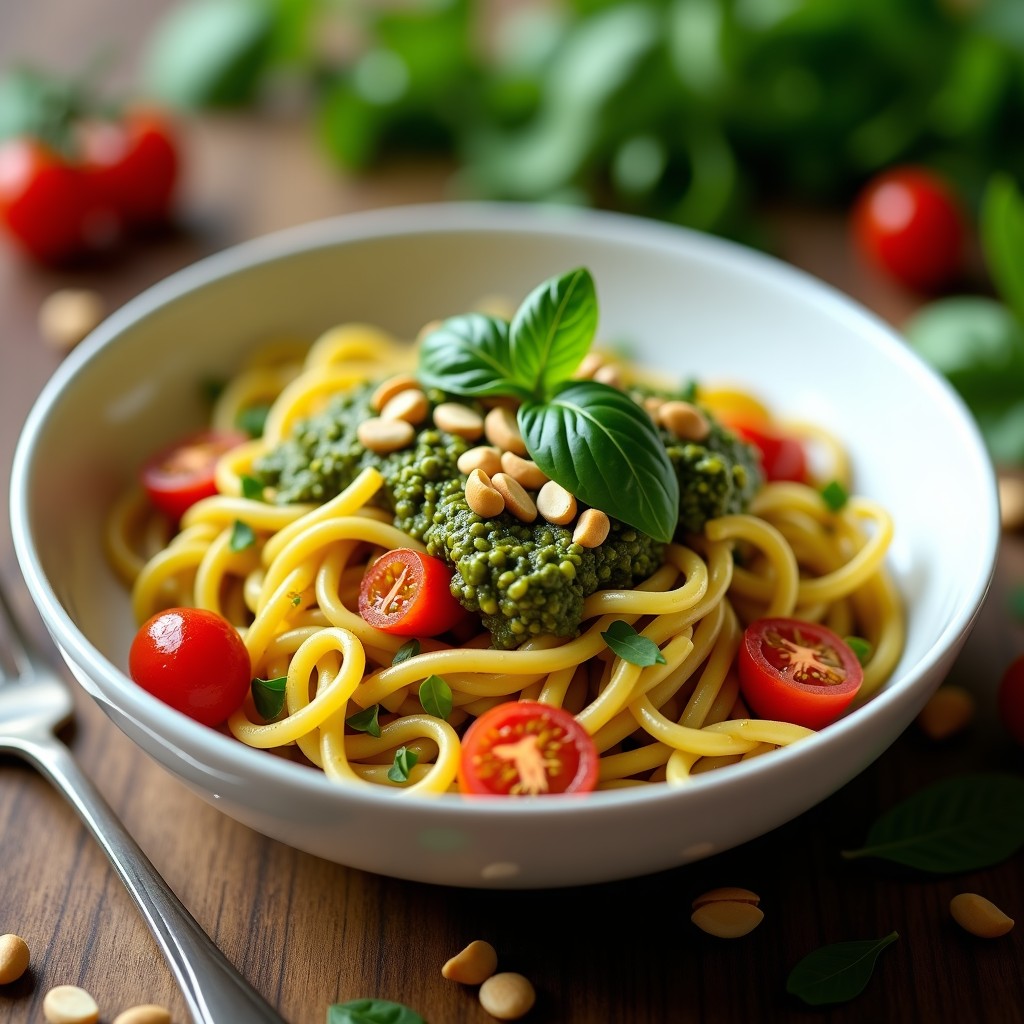 Plato hondo de cerámica blanca con pasta de lentejas de color dorado, bañada en un pesto verde intenso de rúcula y piñones, decorada con tomates cherry salteados y hojas de albahaca fresca. Fondos borrosos de ingredientes como piñones y rúcula.