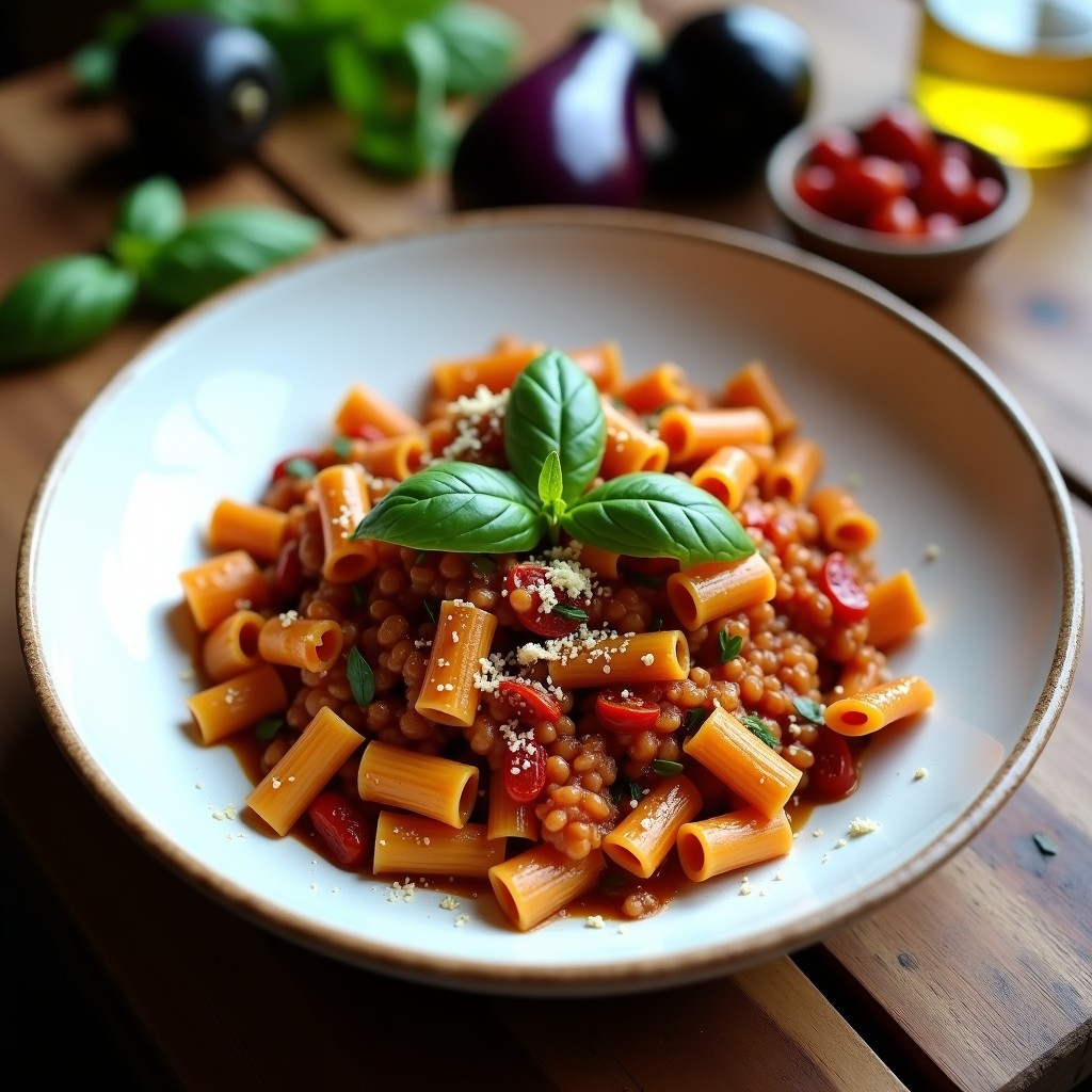 Plato hondo de cerámica blanca con pasta de lentejas de color dorado, cubierta de un ragú espeso de berenjena asada y tomate seco, decorada con albahaca fresca y almendras tostadas. Receta italiana vegana y sin gluten.