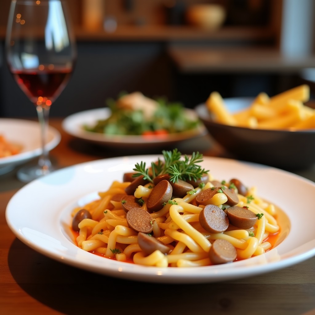 Plato italiano vegano con pasta de lentejas rojas cubierta de un ragú espeso de lentejas pardinas, hongos shiitake dorados y salsa de vino tinto, decorado con hojas de salvia frita y un hilo de aceite de oliva virgen extra sobre fondo rústico de madera.