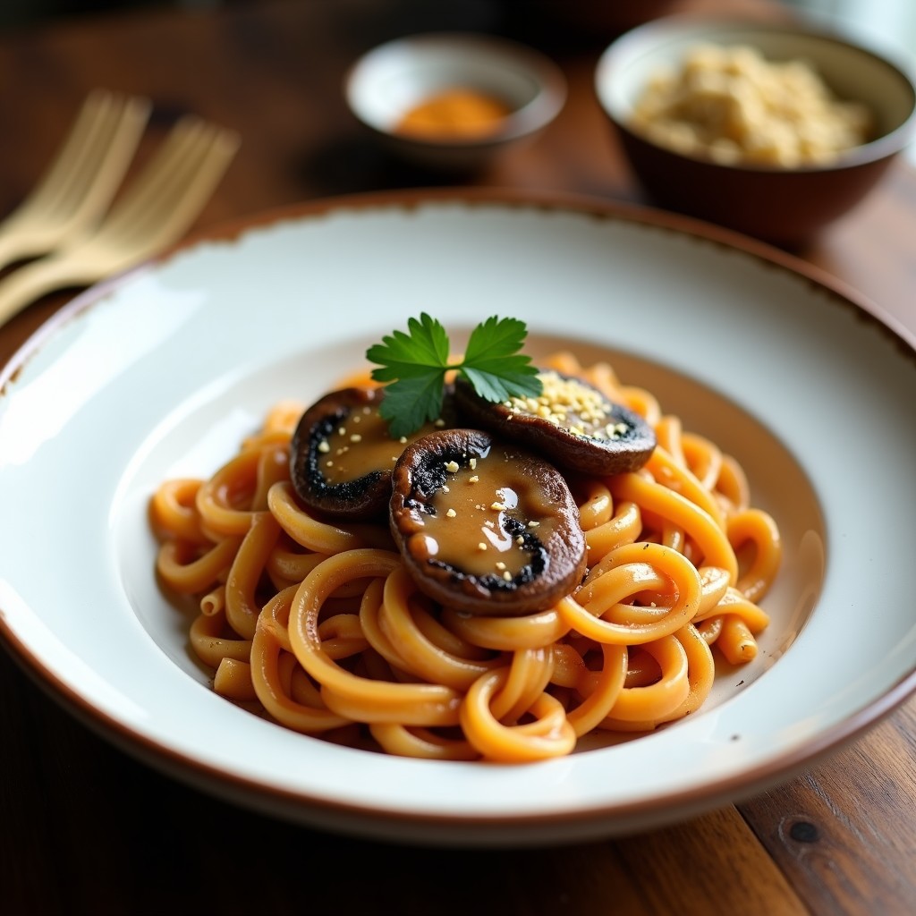 Plato hondo blanco con pasta de lentejas rojas cremosa, coronada por láminas doradas de champiñones portobello y un hilo de crema de ajo negro brillante. Decorado con perejil fresco picado y un toque de pimienta negra, sobre fondo de madera rústica. Receta italiana sin gluten en Thermomix.
