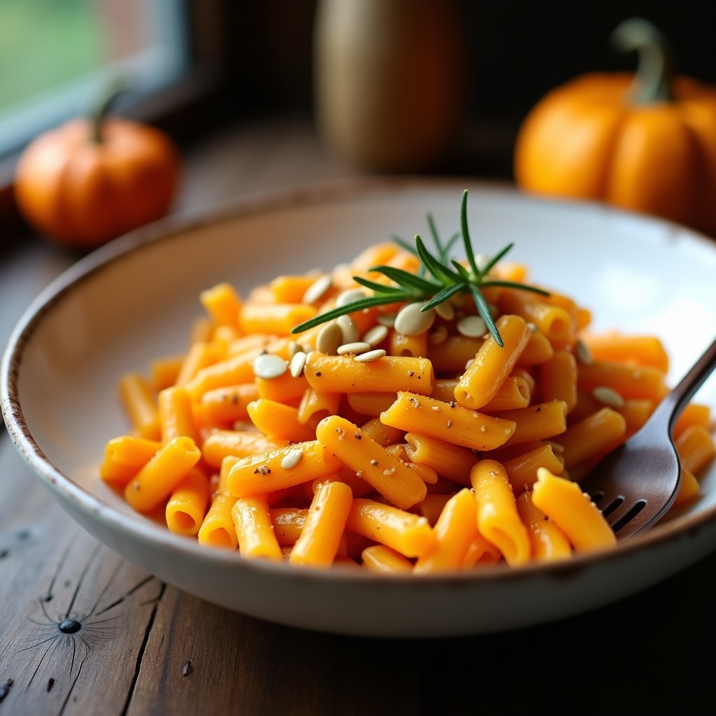 Plato blanco con pasta de lentejas rojas y calabaza keto, en forma de ñoquis, bañada en salsa de pesto verde, decorada con perejil fresco y semillas de chía, sobre fondo rústico de madera.