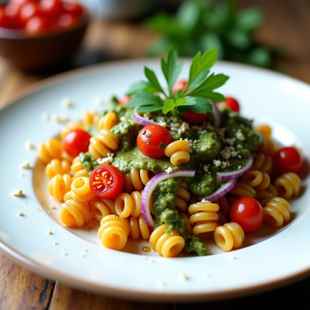 Plato de pasta de lentejas rojas en forma de fusilli dorados, cubiertos con una salsa verde vibrante de pesto de perejil y anacardos. Acompañado de tomates cherry asados y cebolla morada en juliana, servido en un plato blanco rústico con hojas de perejil fresco como decoración.