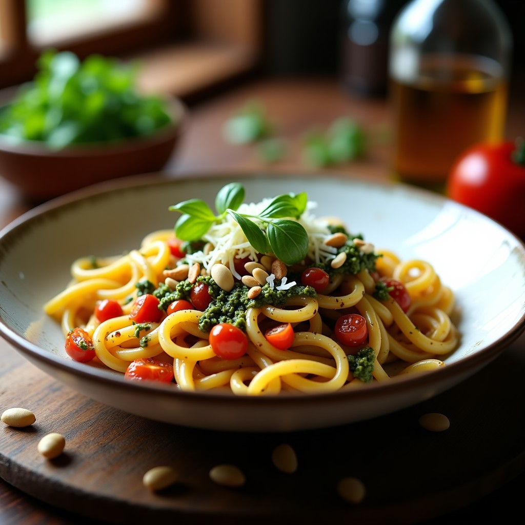 Plato hondo blanco con pasta de lentejas rojas con pesto de rúcula y queso pecorino, decorado con láminas de pecorino y piñones tostados, sobre fondo de madera rústica.