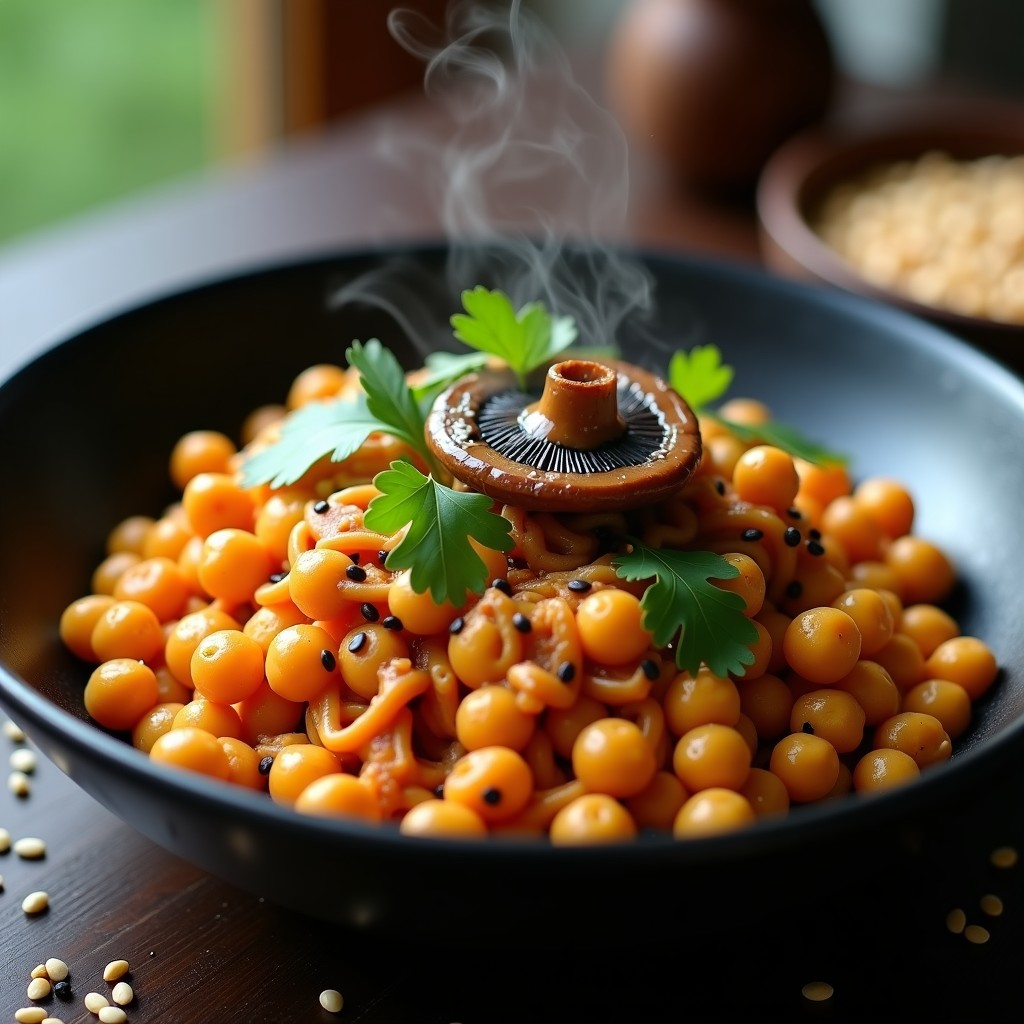 Plato hondo de cerámica negra con pasta integral de garbanzo bañada en una salsa cremosa de lentejas rojas y setas shitake, decorada con cilantro fresco, semillas de sésamo negro y una seta shitake entera salteada. Receta vegana alta en proteína en Thermomix.