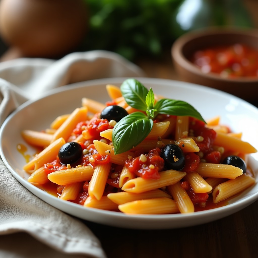 Plato blanco con pasta de lentejas doradas en forma de penne, bañadas en una salsa cremosa de tomate seco y aceitunas negras, decorada con hojas de albahaca fresca y un hilo de aceite de oliva. Receta vegana en Airfryer.