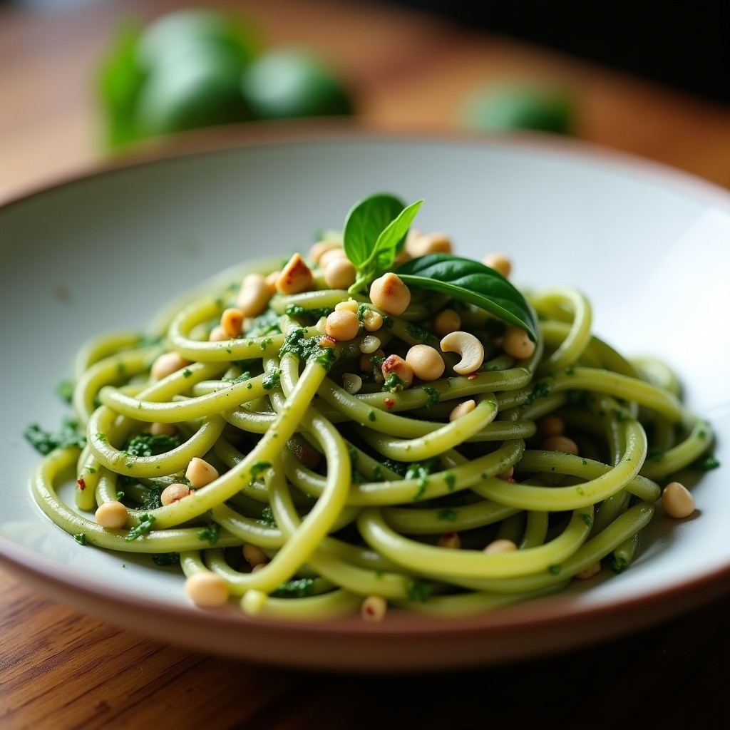 Plato hondo de cerámica blanca con pasta de lentejas verdes cremosa, trozos de calabacín dorado y un generoso chorro de pesto de espinacas verde intenso. Decorado con hojas de albahaca fresca y virutas de levadura nutricional.