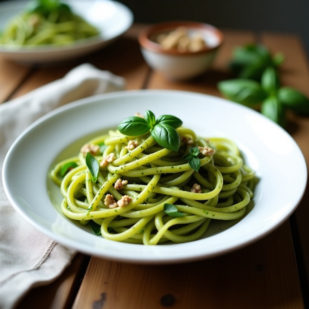 Plato blanco con pasta de lentejas verdes en forma de ñoquis, bañada en un pesto cremoso de albahaca y nueces, decorada con hojas de albahaca fresca y semillas de girasol tostadas. Receta sin gluten en Thermomix.