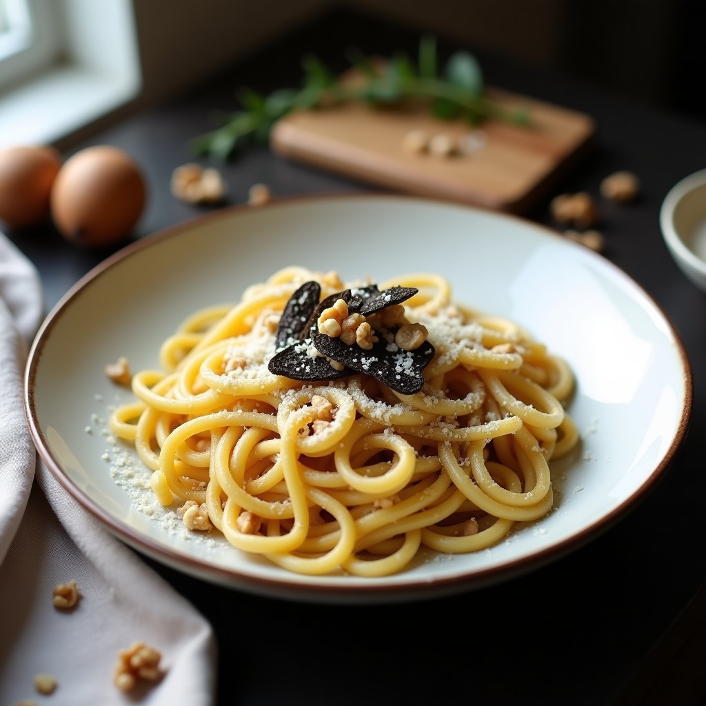 Plato blanco con pasta de nabos dorados en forma de tagliatelle, coronados con láminas de trufa negra, parmesano rallado y nueces picadas, servidos en un fondo rústico de madera.