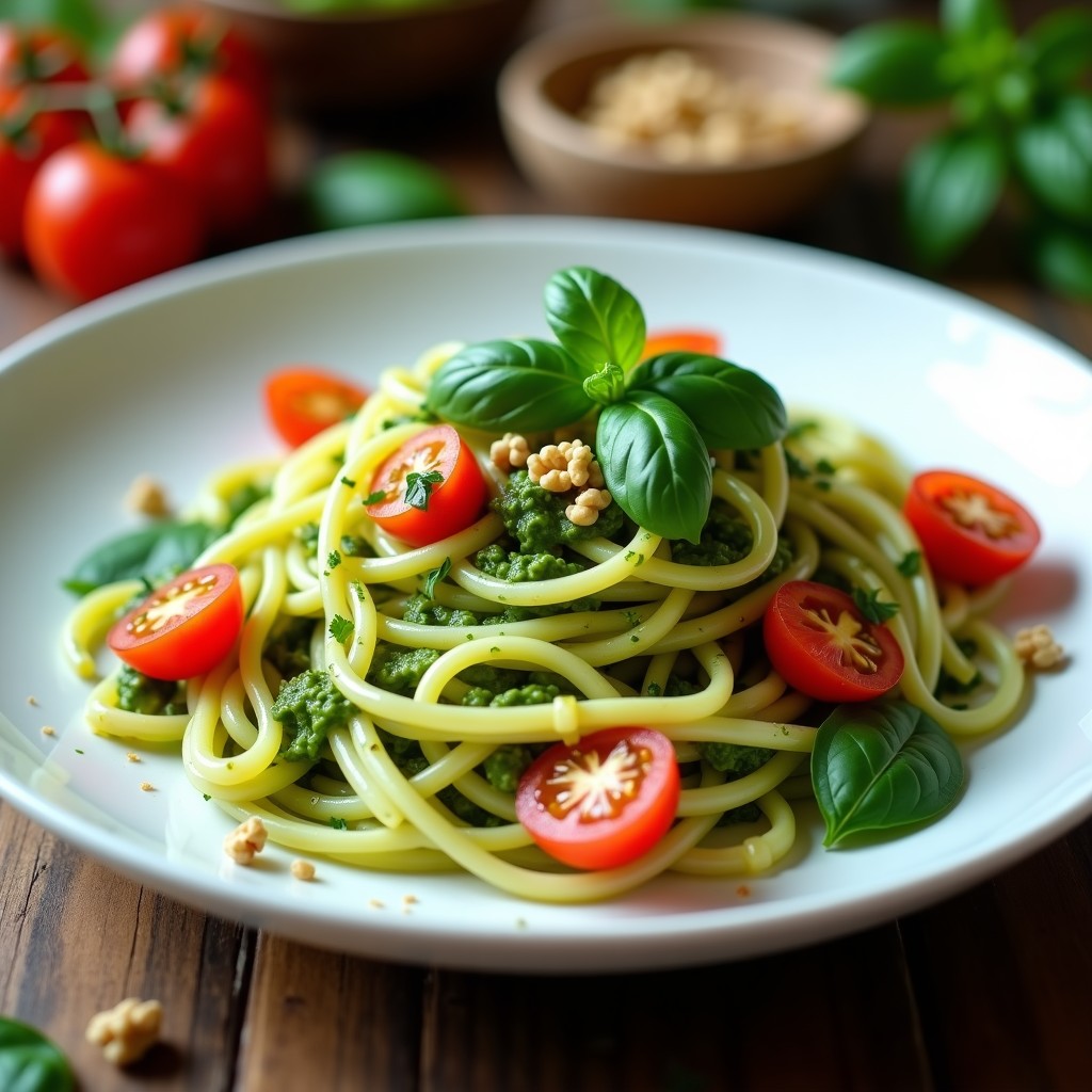 Plato blanco con pasta de shirataki cremosa, cubierta de pesto verde de albahaca y nueces, acompañada de tomates cherry rojos y espinacas frescas. Receta keto baja en carbohidratos.
