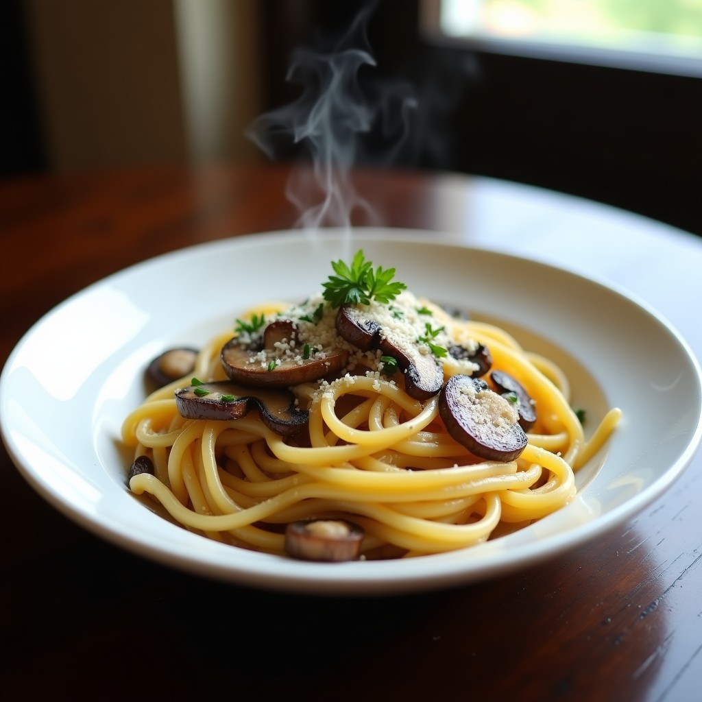 Plato de pasta corta integral con salsa cremosa de nata y aceite de trufa negra, hongos shiitake dorados, queso parmesano rallado y perejil fresco, servida en un bol rústico de cerámica blanca con fondo de madera oscura.