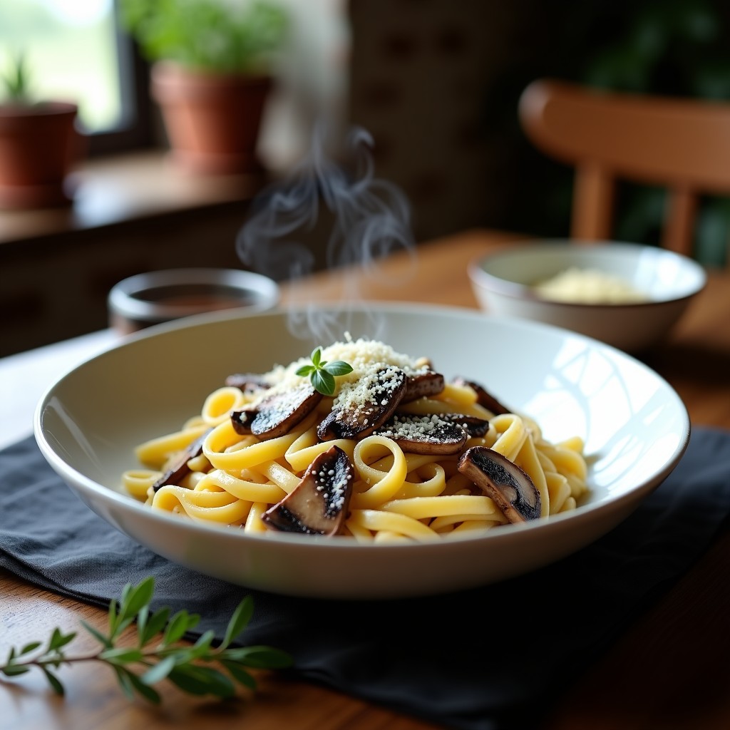 Plato hondo de porcelana blanca con pasta trufada y hongos portobello en salsa cremosa, espolvoreada con queso parmesano y aceite de trufa negra, sobre fondo rústico de madera.