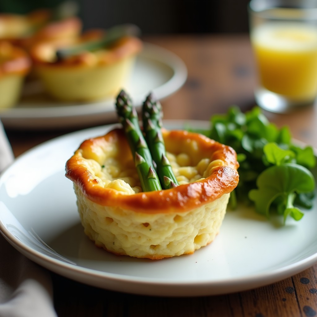 Pastel de atún y espárragos keto en molde individual sin harina, dorado y esponjoso, con trozos de espárragos trigueros visibles y textura jugosa, servido en plato blanco con fondo de madera rústica.