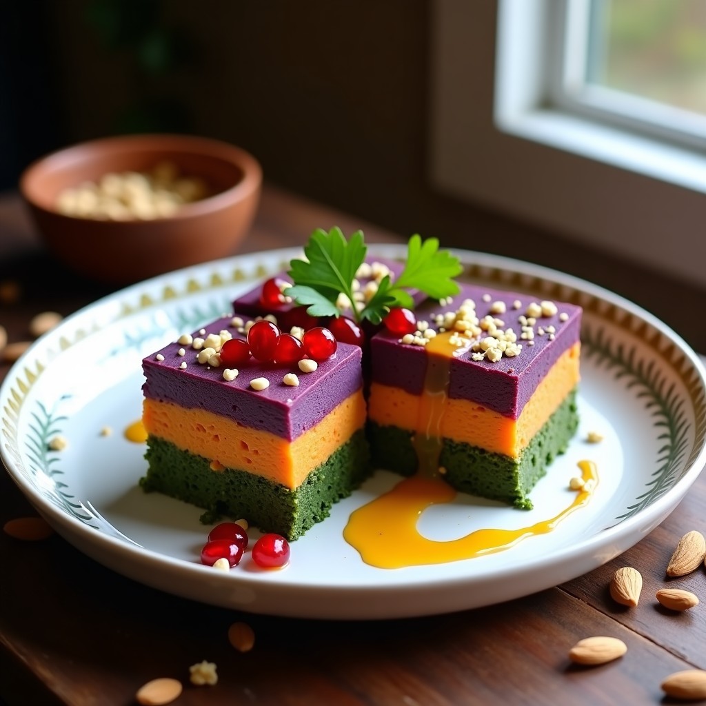 Pastel de batata morada y espinacas vegano sin horno, cortado en porciones cuadradas, con capas visibles de puré morado y relleno verde. Decorado con tahini, semillas de granada y cilantro fresco sobre un plato de cerámica blanca con detalles marroquíes.