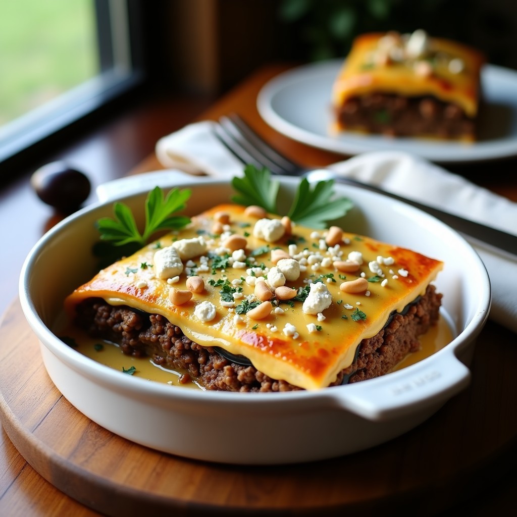 Pastel de Berenjena y Carne Picada con Béchamel de Avena en fuente de barro, capas visibles de berenjena dorada, carne especiada y béchamel cremosa, espolvoreado con queso rallado y perejil fresco, receta griega keto.