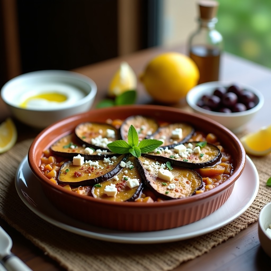 Pastel de berenjena y cordero al estilo griego en olla lenta, con capas doradas de berenjena asada, cordero estofado y queso feta gratinado, servido con salsa de yogur griego y menta fresca en una fuente de barro rústica.