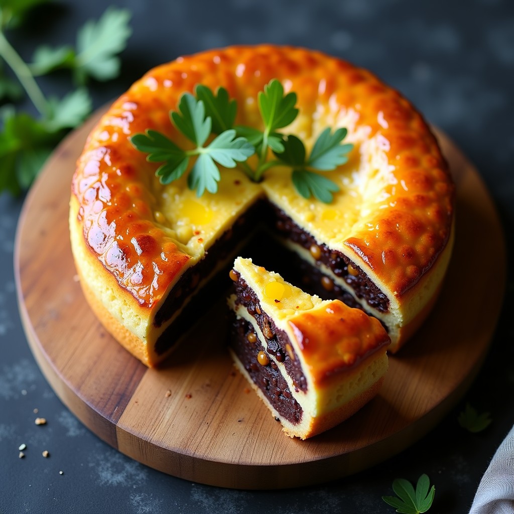 Pastel vegano de berenjena y lentejas rojas con costra dorada de semillas de amapola y sésamo, servido en porción con fondo rústico de madera.