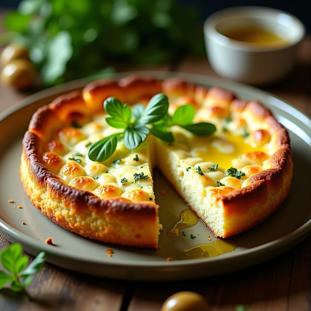Pastel de berros y queso feta con masa de coliflor rebanado, mostrando su interior esponjoso y dorado con trozos de queso feta desmenuzado. Servido en plato blanco rústico con berros frescos y aceitunas alrededor. Receta griega keto baja en carbohidratos.