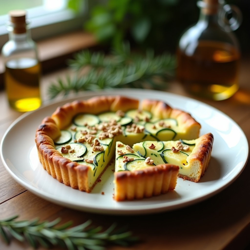 Pastel dorado de calabacín y queso de cabra con masa de almendra, receta francesa keto, cortado en porciones sobre tabla de madera rústica con hierbas frescas.