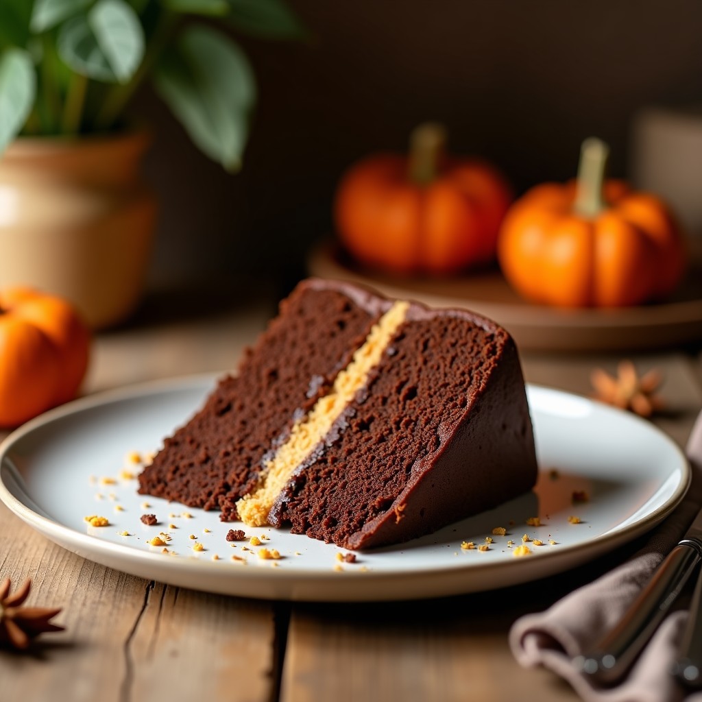 Pastel de calabaza y chocolate negro keto sin harina, cortado en porción con capas visibles de puré de calabaza esponjoso, trozos de chocolate negro derretido y almendras fileteadas tostadas en la superficie. Servido en plato blanco con fondo rústico de madera y especias espolvoreadas.