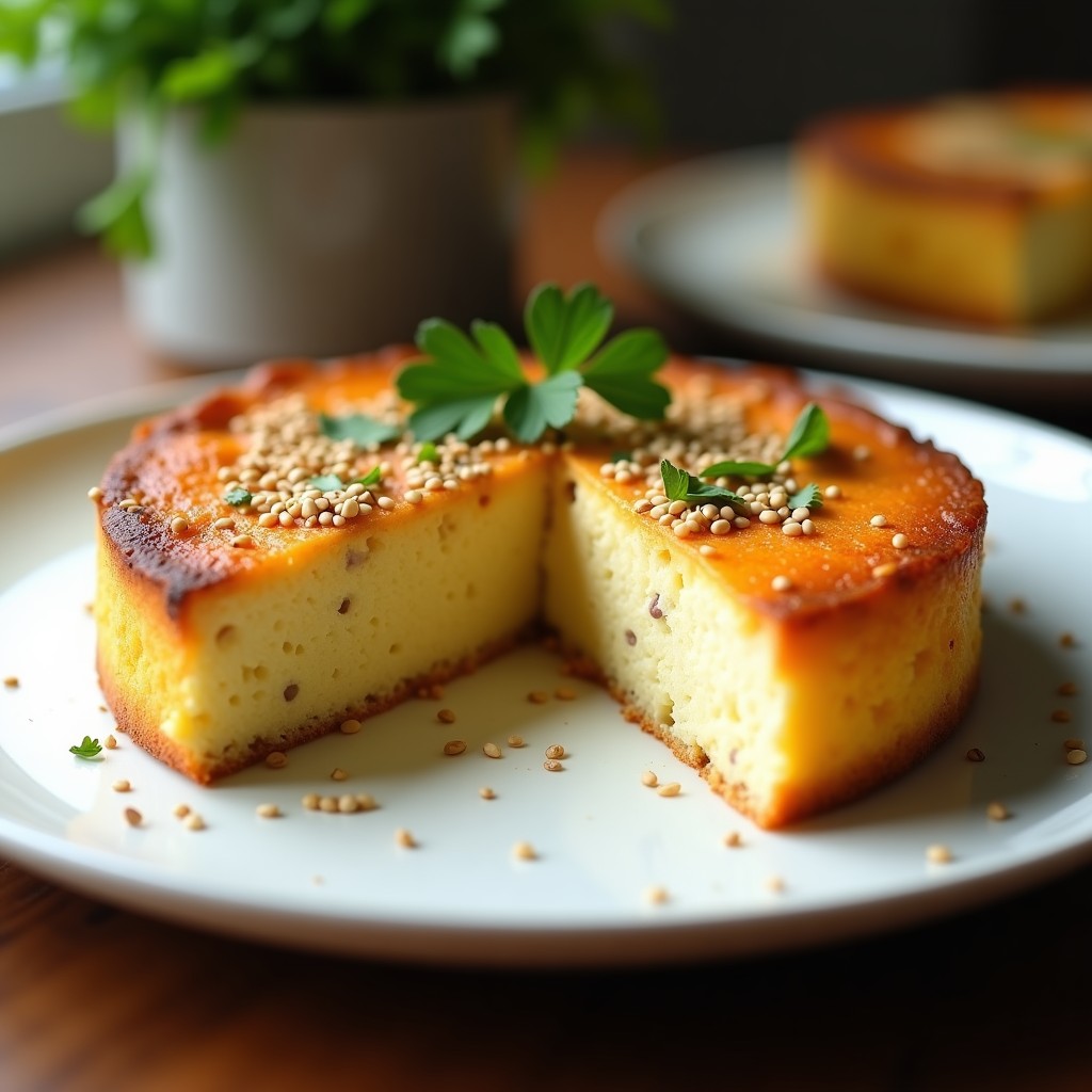Pastel dorado de coliflor con capa cremosa de hummus, espolvoreado con semillas de sésamo y perejil fresco, servido en plato blanco rústico.