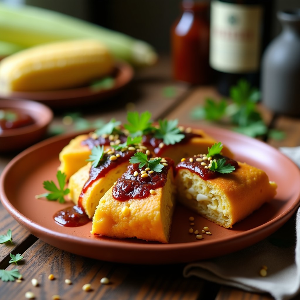 Pastel de elote y queso de cabra vegano horneado, dorado y esponjoso, cortado en porciones y servido con salsa de chile pasilla oscura y brillante. Decorado con cilantro fresco y semillas de sésamo tostadas sobre un plato rústico de barro.