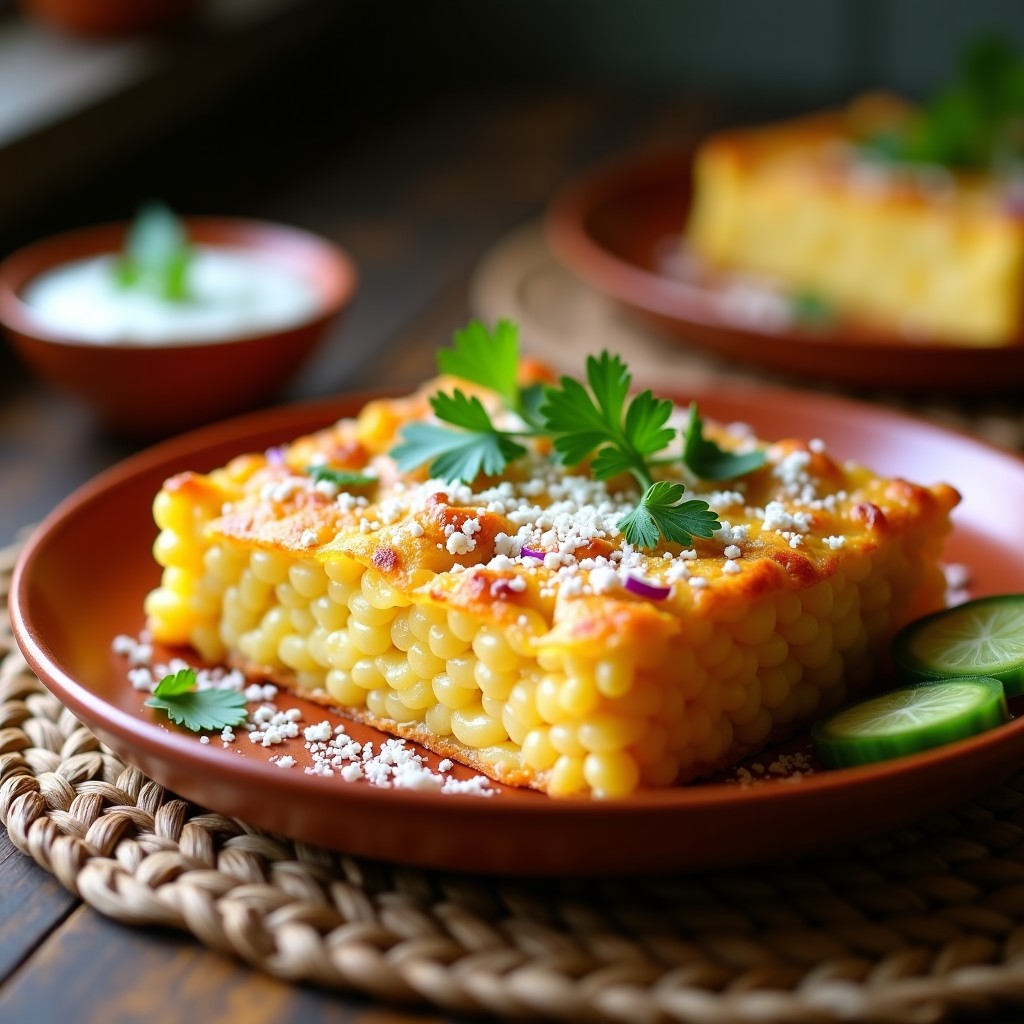 Pastel de elote y queso cotija en molde rectangular, dorado por encima con queso desmenuzado, servido en plato de barro con cilantro fresco y rodajas de chile poblano. Receta mexicana sin horno y alta en proteína.