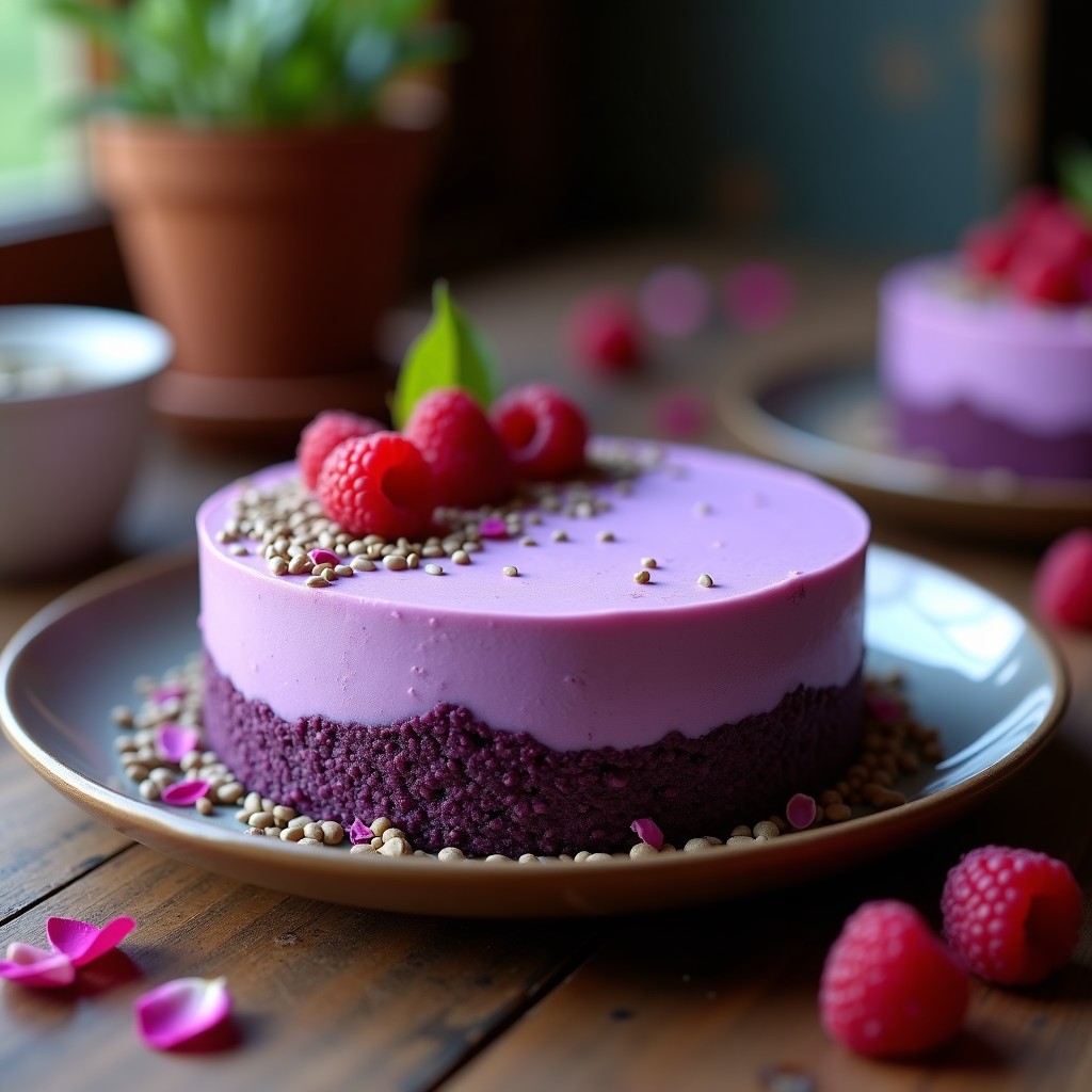 Pastel vegano de maíz morado y queso crema de anacardo en molde desmontable, con base crujiente de coco y maíz tostado, decorado con semillas de chía y trozos de maíz morado. Postre peruano sin horno con textura cremosa y colores vibrantes.